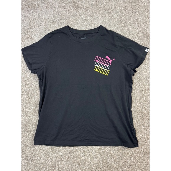 Puma Tops - Puma Womens Black Graphic Tee Short Sleeve Pink Yellow Logo T-Shirt XS